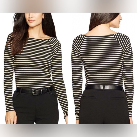 Ralph Lauren Women's Top Sz XL Striped Metallic Black Gold long sleeve Boat Neck - Picture 1 of 8